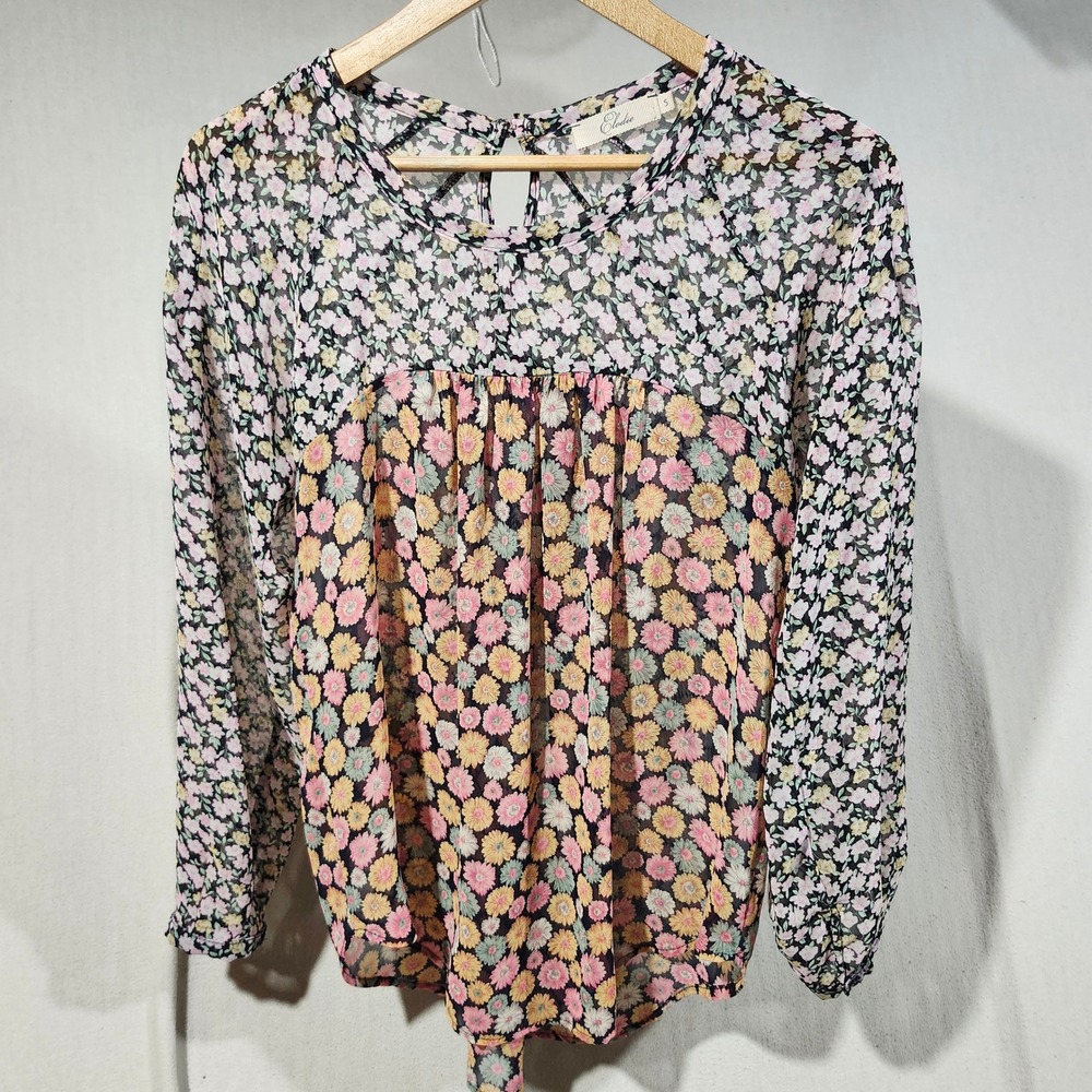 Elodie Womens Small Mixed Floral Chiffon Blouse Long Sleeve Empire Waist Top